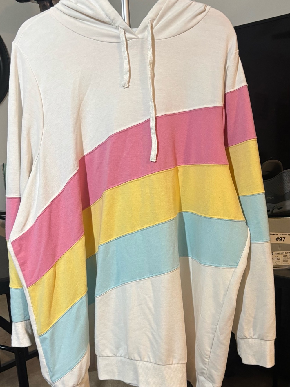 torrid White Hoodie with Pink, Yellow & Light Blue Diagonal Stripes